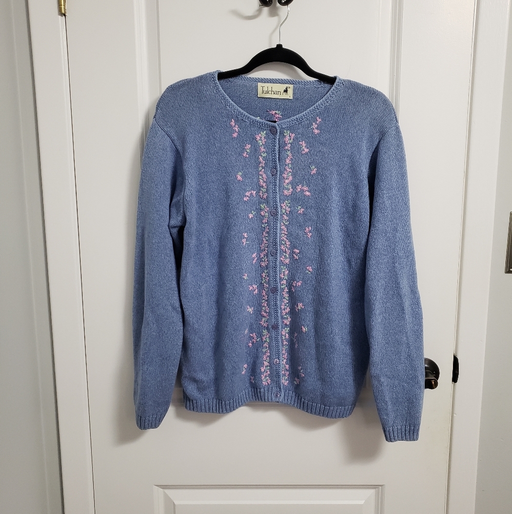 TULCHAN Floral Embroidered Blue Knitted Sweater Cardigan